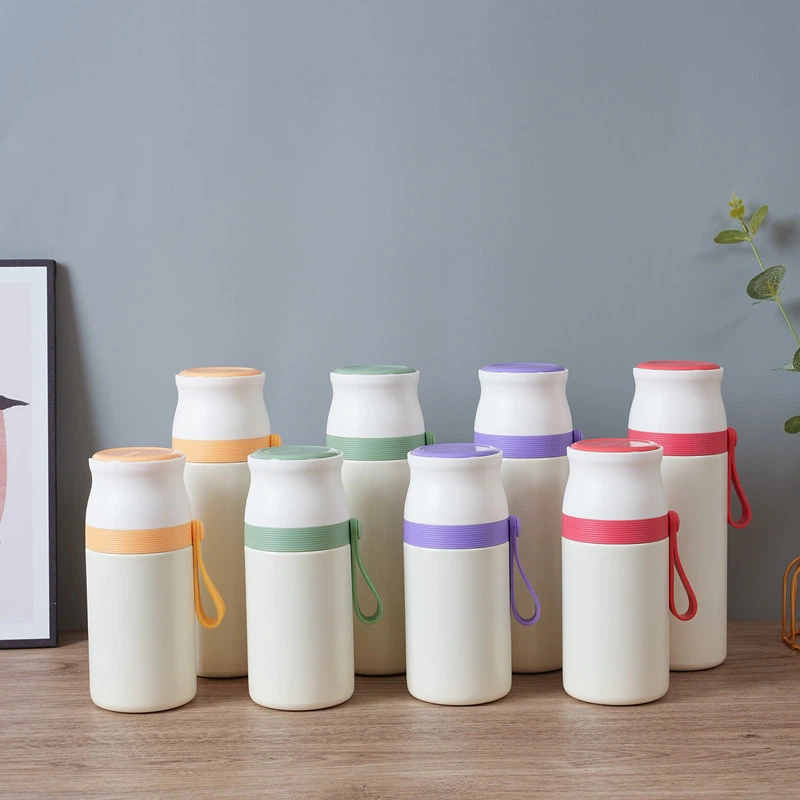 Fflasg Thermos Gyda Rhaff Silicôn Potel Dŵr wedi'i Hinswleiddio â Gwactod